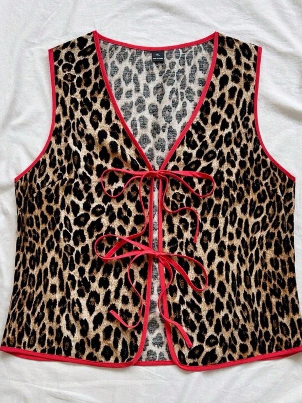 NWOT BOUTIQUE Leopard Print Tie-Front Vest with Red Trim
